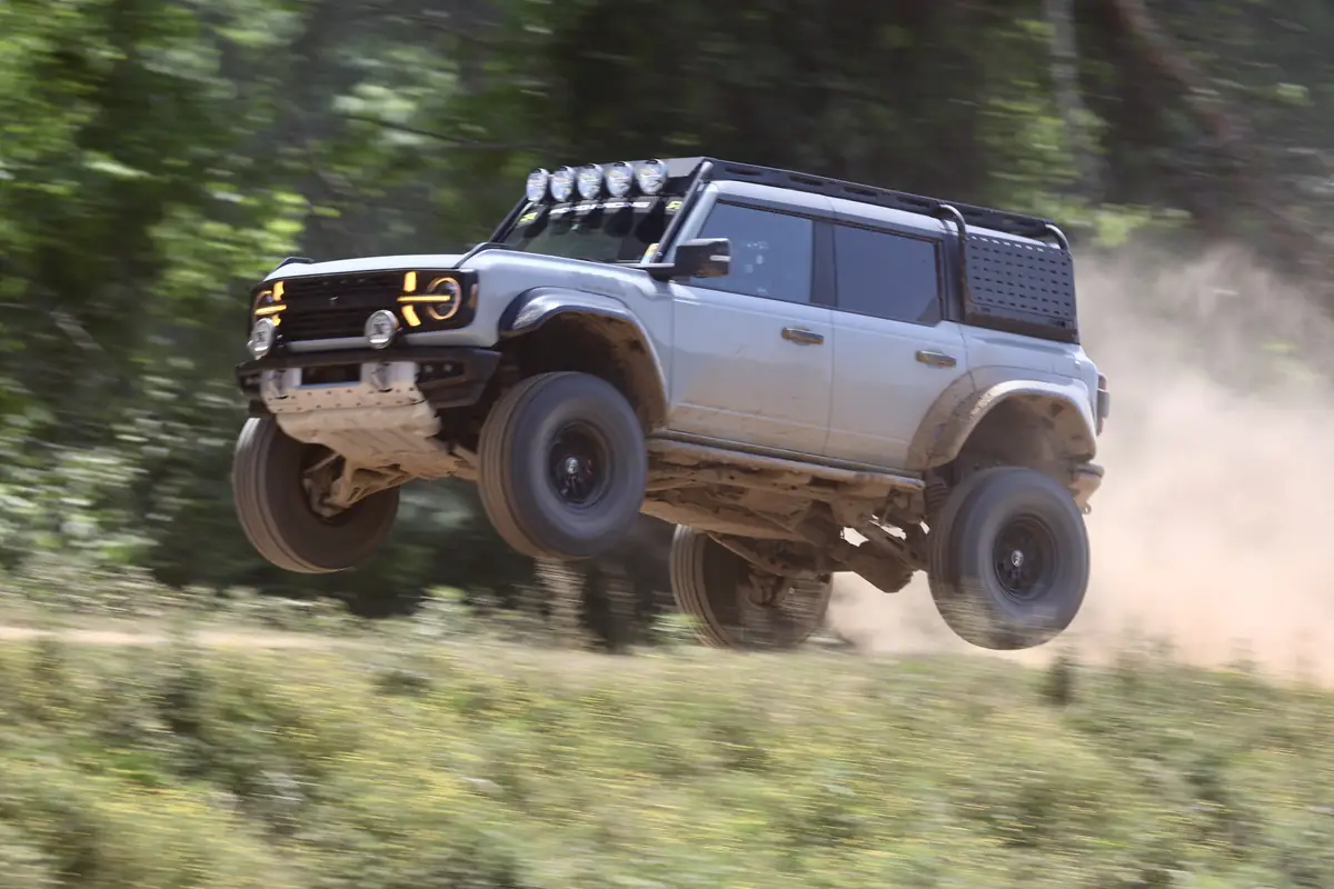 A Ford Bronco airborne on the HyperFest off-road course